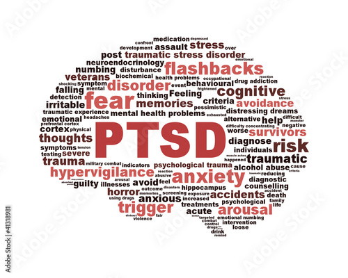 Illustration: PTSD symbol with a brain outline isolated on white PTSD symbol with a brain outline isolated on white