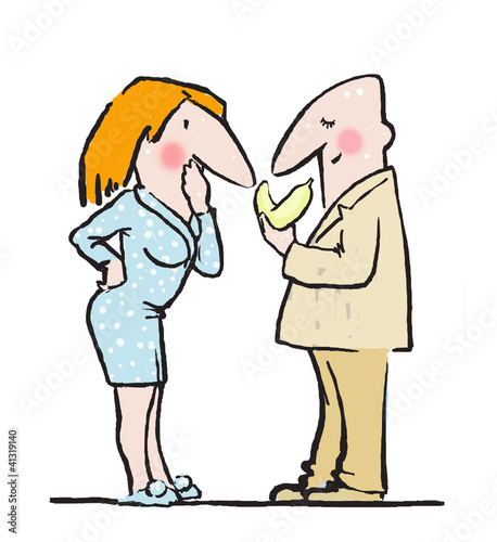 Illustration: A couple marvels a bent shape of banana. A couple marvels a bent shape of banana.