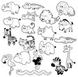 Savannah animals. Vector black and white characters.
