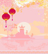 old paper with Asian Landscape and Chinese Lanterns old paper with Asian Landscape and Chinese Lanterns