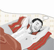 Happy thoughtful man in bed with text bubble over head..