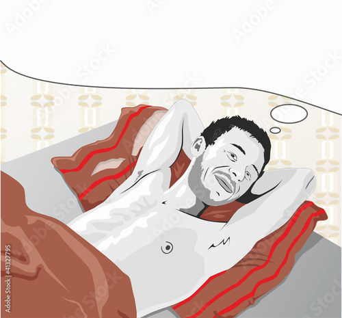 Vector: Happy thoughtful man in bed with text bubble over head.. Happy thoughtful man in bed with text bubble over head..