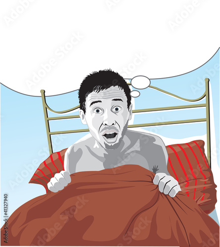 Vector: Man scared after having a bad dream with text bubble. Man scared after having a bad dream with text bubble.