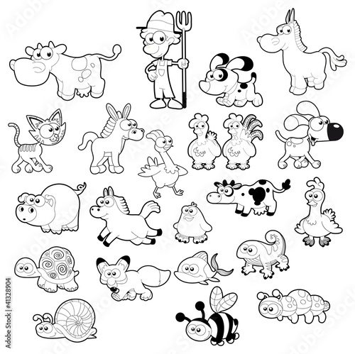 Vector: Farm animal family. Isolated black white characters. Farm animal family. Isolated black white characters.