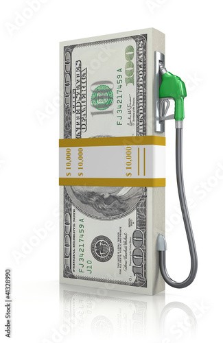 Illustration: Dollar stack with gas nozzle Dollar stack with gas nozzle