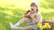 Video: Girl eating bread and sitting in the meadow Girl eating bread and sitting in the meadow