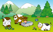 Tre mucche che pascolano in montagna. Illustrazione per bambini Tre mucche che pascolano in montagna. Illustrazione per bambini