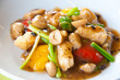 Stir-fried fish with colorful vegetables, mushroom and herb