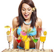 Girl in bikini on beach drinking cocktail.