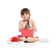 funny child with kitten in gift box