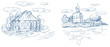 countryside landscapes with church and house vector