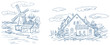 countryside landscapes with windmill and house vector