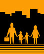 yellow urban background with happy large family