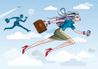 Business Woman Running Through Clouds
