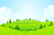 Green Background with Grass Trees Flowers and Hills Green Background with Grass Trees Flowers and Hills