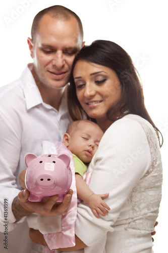 Photo: Young Mixed Race Parents with Baby Holding Piggy Bank Young Mixed Race Parents with Baby Holding Piggy Bank