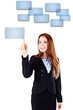 beautiful business woman pressing a virtual button interface beautiful business woman pressing a virtual button interface