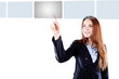 beautiful business woman pressing a virtual button interface beautiful business woman pressing a virtual button interface