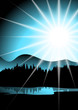 Landscape with lake, trees and sun