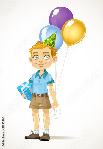 Vector: Cute little boy with a birthday gift and balloons Cute little boy with a birthday gift and balloons