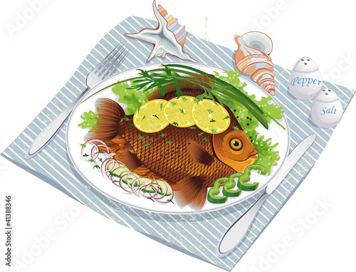 Vector: Baked fish with vegetables on a plate Baked fish with vegetables on a plate