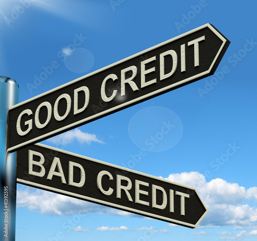 Illustration: Good Bad Credit Signpost Showing Customer Financial Rating Good Bad Credit Signpost Showing Customer Financial Rating