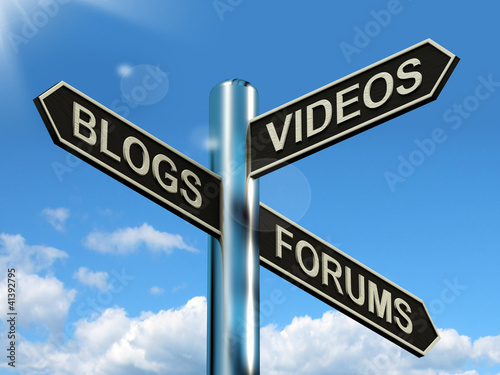 Illustration: Blogs Videos Forums Signpost Showing Online Social Media Blogs Videos Forums Signpost Showing Online Social Media