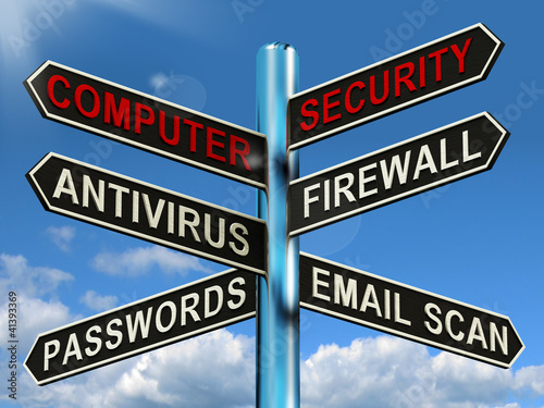 Illustration: Computer Security Signpost Shows Laptop Internet Safety Computer Security Signpost Shows Laptop Internet Safety