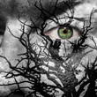 Face with green eye painted with medusa like tree