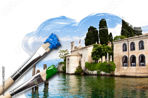 Photo: Gemälde eines historischen Gebäudes am Gardasee Gemälde eines historischen Gebäudes am Gardasee