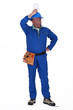 electrician holding a bulb over his head electrician holding a bulb over his head