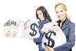 Pretty young business women holding sacks of money
