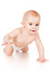 Smiling baby crawling forward, isolated on white