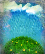 Raining nature landscape.Vintage sky with sun and clouds