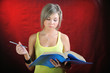 The girl reads documents.
