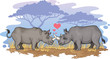 Two rhinos falling in love in the African savanna