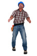 Grimacing workman isolated on white background