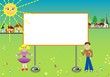 Children with billboards, white space for text, vector