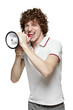 Young man yelling into the megaphone, over white