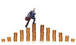 Businessman climbing gold coins stacks Businessman climbing gold coins stacks