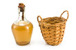Old sealed bottle of white wine with basket