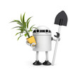 Robot holding pot with flower and shovel