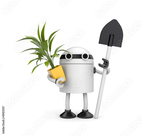 Illustration: Robot holding pot with flower and shovel Robot holding pot with flower and shovel