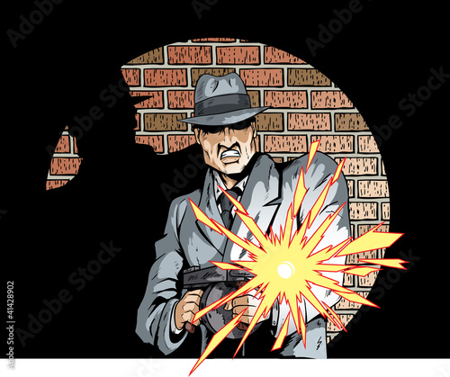Vector: Comic book drawing of a gangster with a tommygun Comic book drawing of a gangster with a tommygun