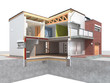 Modern house in the section on white background