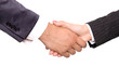 Hand shake between a businessman and a businesswoman on white