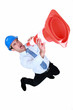 Man using a traffic cone as a loudspeaker