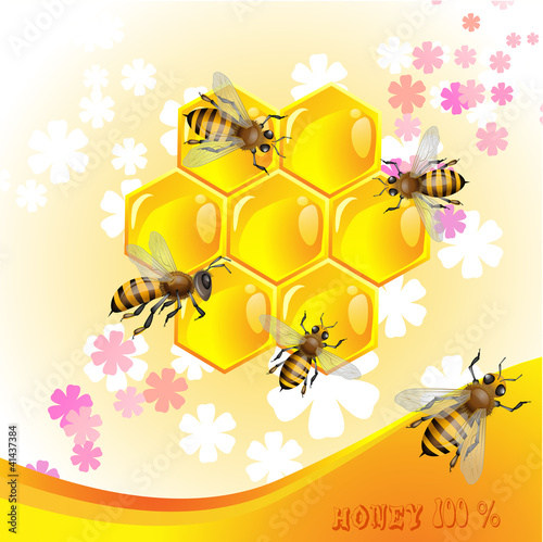 Vector: Floral background with honey and bees Floral background with honey and bees
