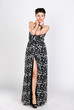 The thoughtful brunette in a long dress