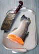 Fresh salmon on the metal tray